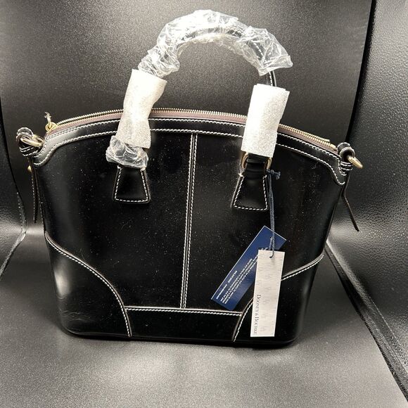 New Dooney Bourke Domed Satchel Bag Womens Black Geniue Leather Linen Blend Line - Picture 7 of 8